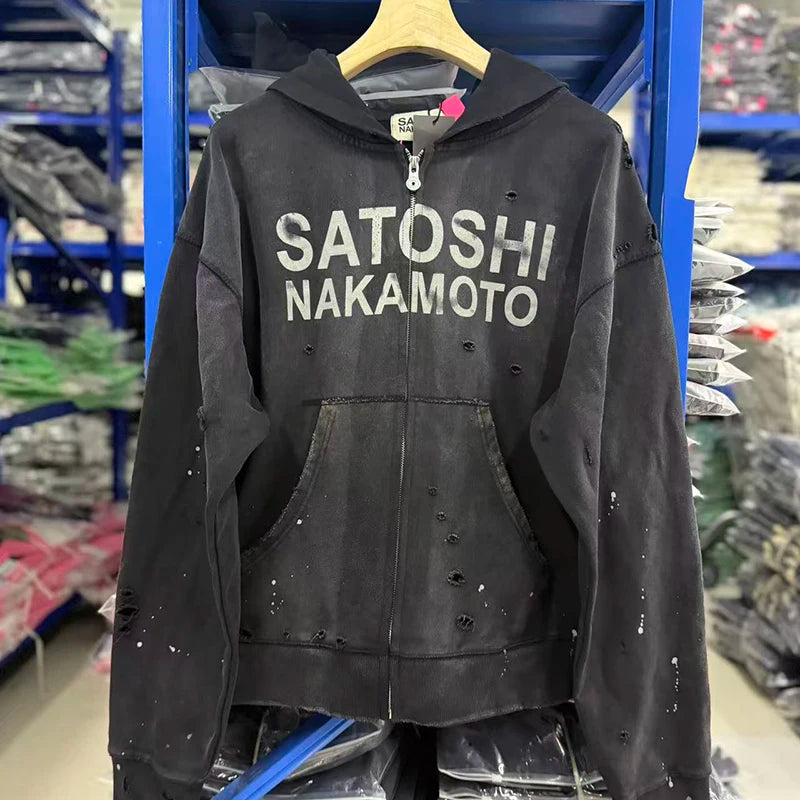 26FW Satoshi Nakamoto Zip Up Hoodie Vintage Distressed High Street Worn Out Print Men Women Hooded Pullover Real Photo - Matrix-studios.com