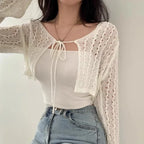 Pointelle Tie Front Crop Cardigan Women Open-stitch Knit Top Crochet Bolero Cover-up Spring Summer 2026 Y2K Grunge - Matrix Studios