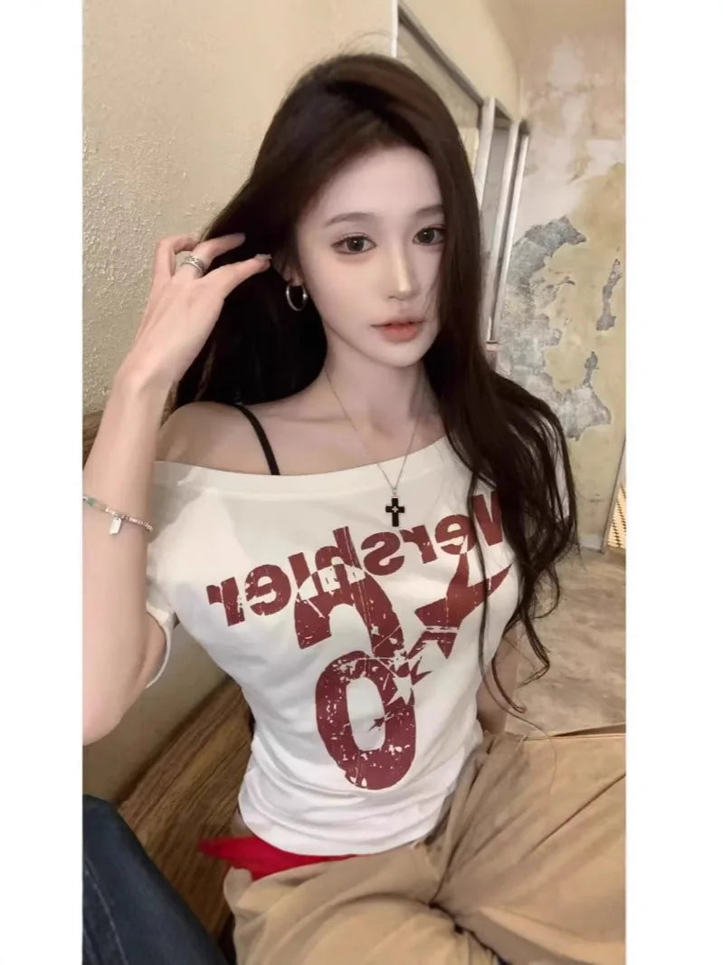 Y2k Sport Summer Off shoulder Top Women Sexy Vintage 2000s Short sleeve T shirt Lady Body Basic Crop Top Female Casual - Matrix-studios.com