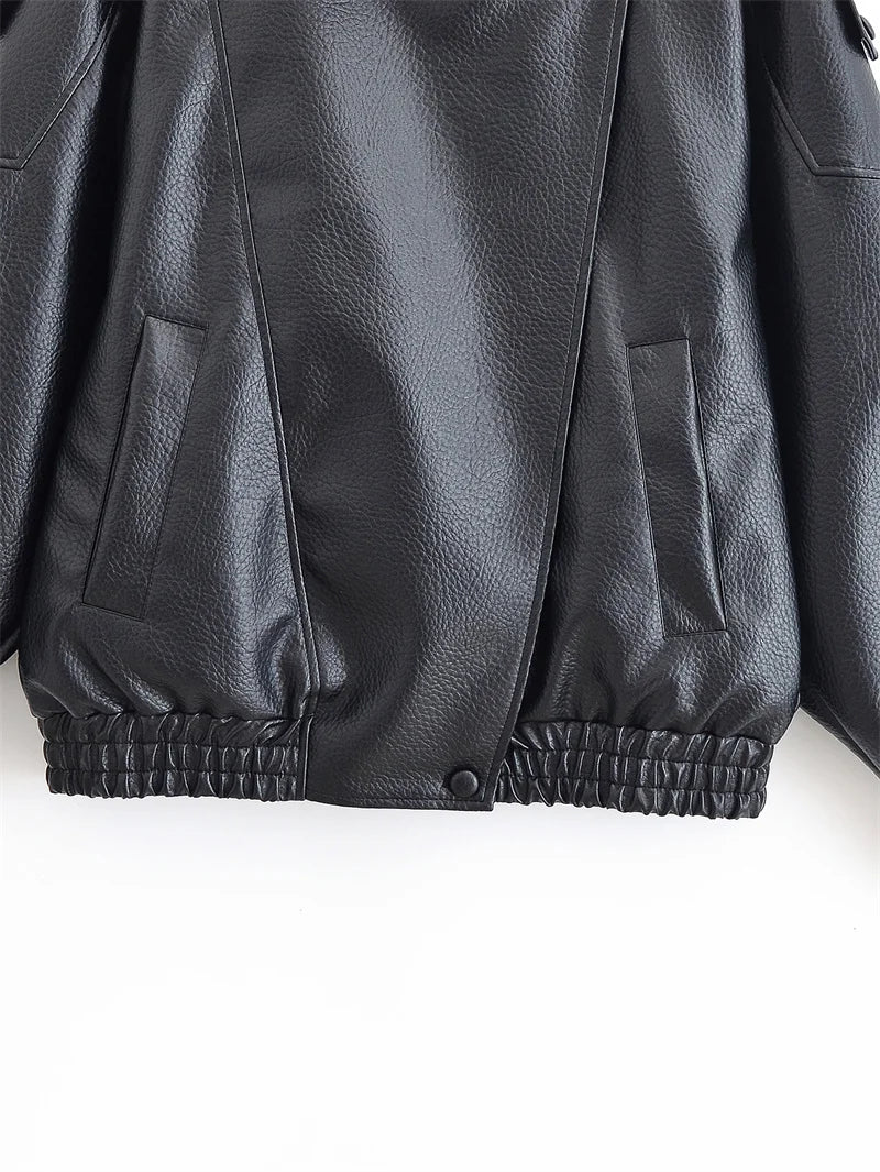 Women's Jacket 2026 Autunm  New Black Long Sleeve Pebble Faux Leather Jacket Motorcycle Style Personality Fashion - Matrix Studios