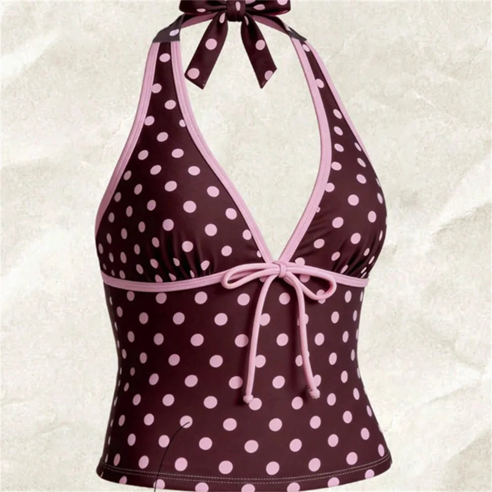 Kawaii Pink Dot Bikini Shorts Bowknot Halter Backless Swimsuit Deep V Swimwear Women's Bikinis and Tankinis Vacation Outfit Sets - Matrix-studios.com