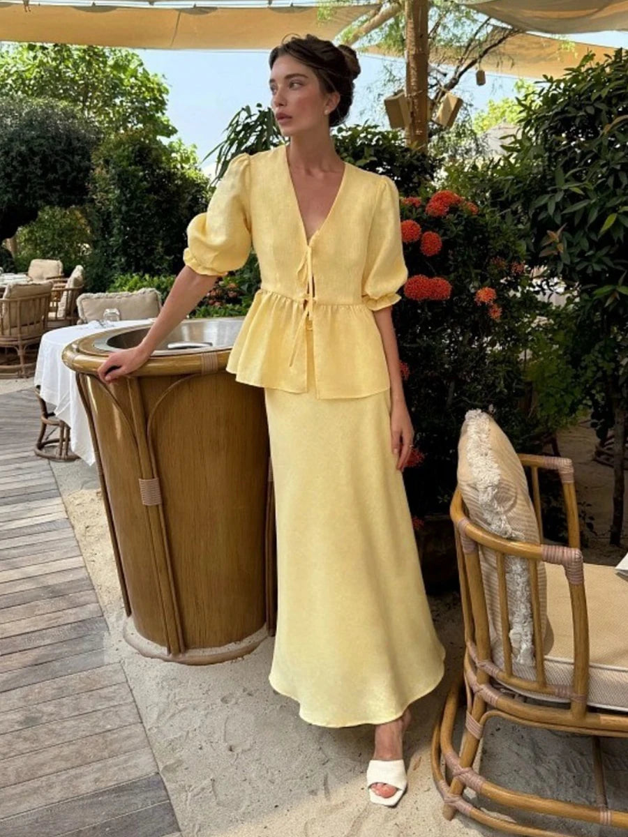 Bornladies 2025 Summer Women's 100% Cotton V-Neck Lace-Up Bubble Sleeve Shirt  Long Skirt Set Loose Casual Two-Piece Suit - Matrix-studios.com