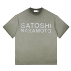 Summer American Street SATOSHI Tshirts Retro Washed Distressed Washed Faded Classic Letter Print Short Sleeve Men Women Tops - Matrix-studios.com