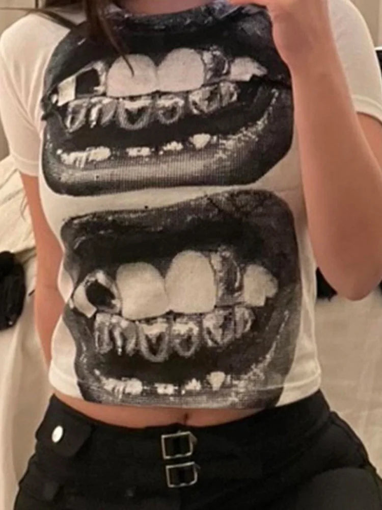 Punk Y2K Baby Short Sleeve Top Gothic Street T-shirt Women's Leisure Basic T-shirt Women's 2024 Summer Top E Girls' Gothic EMO - Matrix-studios.com