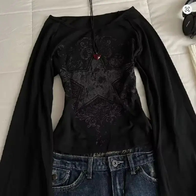 Y2K Grunge Emo Pattern Top Suitable for Autumn E-Girls Millennium Style Women's Aesthetic Gothic Printed Loose Long Sleeve T-shi - Matrix-studios.com