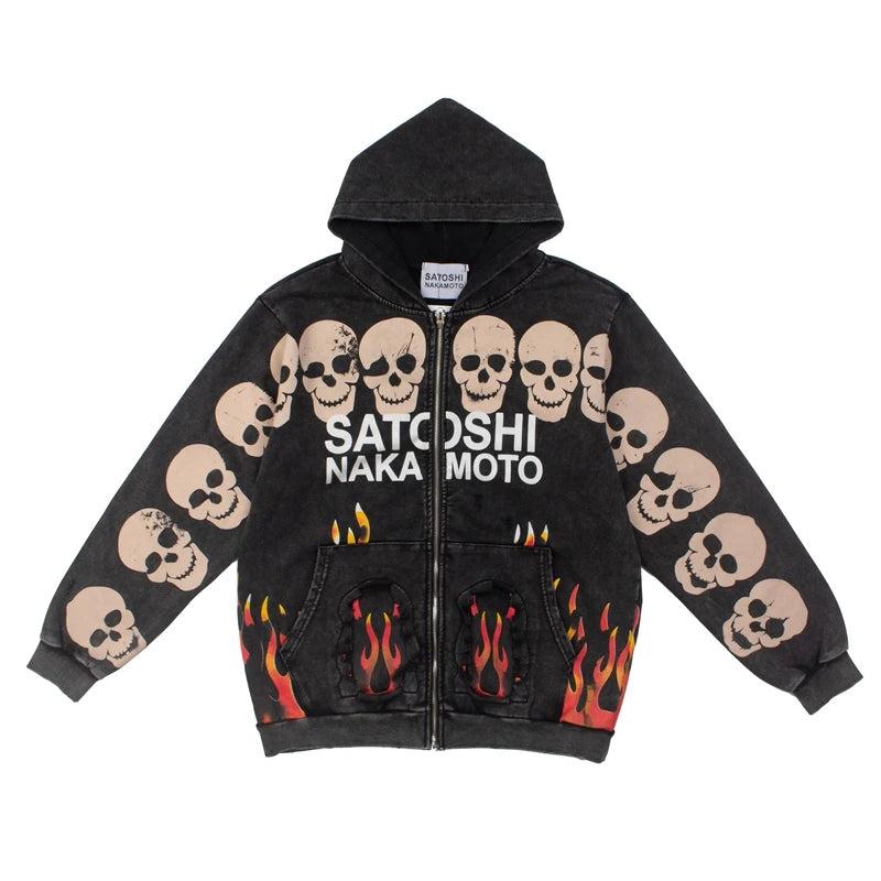 High Street SATOSHI Hoodies loose Jacket Men Women Retro Distressed Faded Flame Designs Skulls Print Zipper Hooded Sweatshirts - Matrix-studios.com
