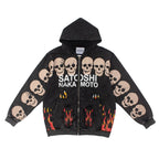 High Street SATOSHI Hoodies loose Jacket Men Women Retro Distressed Faded Flame Designs Skulls Print Zipper Hooded Sweatshirts - Matrix-studios.com