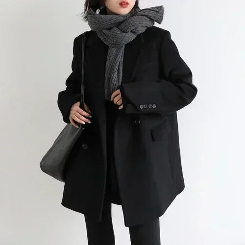 CHIC VEN Women Wool Blend Coat Solid Mid Long Woolen Blazer Thick Warm Blouse Women's Overcoat Office Lady Tops Autumn Winter - Matrix-studios.com