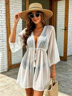 Black Sheer Chiffon Beach Cover Up Lace Trim Tassel Tie Waist Flare Sleeve Bikini Kimono Coverup - Matrix Studios