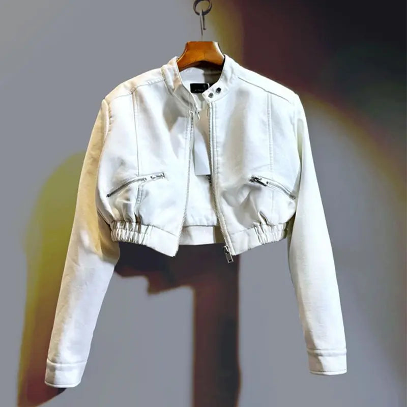2025 Autumn New Handsome Versatile Short Motorcycle Jacket Top High Waist PU Leather Jacket for Women  Faux Fur Coat - Matrix Studios