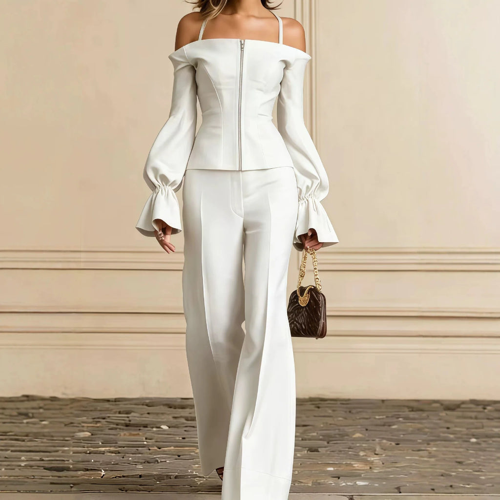 2 Piece Pants Set Women Solid Spaghetti Strap Lantern Sleeve Zip Slim Top Wide Leg Trousers Outfits Elegant Formal Office Suit - Matrix-studios.com