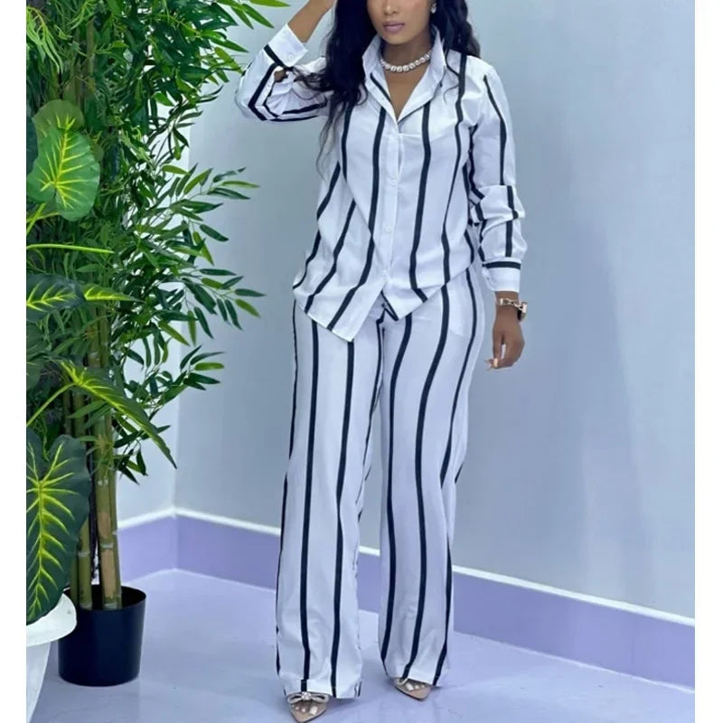 African Fashion Stripe Two Piece Set Women Spring Autumn Casual Button Long Sleeved Shirt Wide Leg Pants Two Piece Set Women - Matrix-studios.com