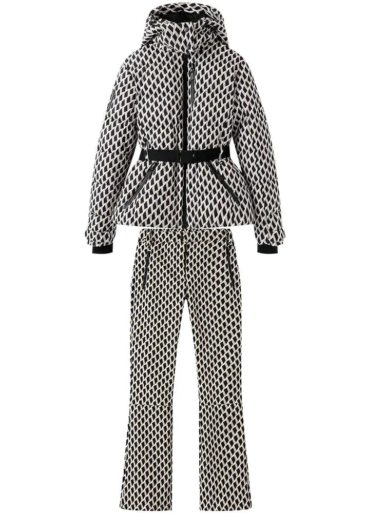 2026 Women's Winter Hooded Padded Sport Parkas Pants 2 PCS Set Belt Female Elegant Warm Windproof Skiing Coats Jackets Trousers - Matrix-studios.com