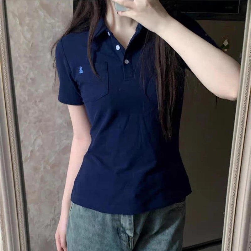 Deeptown Basic Embroidere T-Shirts Women Short Sleeve Polo Collar Japanese Style JK Tees Slim Preppy Solid Color Summer Youthful - Matrix-studios.com