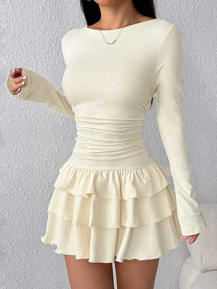 Autumn Winter Solid Color Slim Fit Cascading Ruffles Mini Dress Women Elegant Flare Sleeve High Waist Sexy Party Bodycon Dresses - Matrix-studios.com