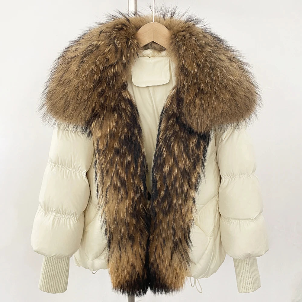OFTBUY New Winter Large Real Fox Raccoon Fur Puffer Coat Women Oversized Feather Down Parka Knit Sleeve Duck Down Jacket Female - Matrix Studios