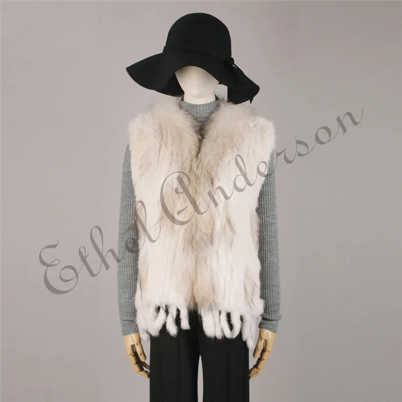 Women's Real Rabbit Fur Vest Knit Natural Leather Tassel Waistcoat Raccoon Fur Collar Winter Knitted Jacket Coat Wholesale - Matrix Studios