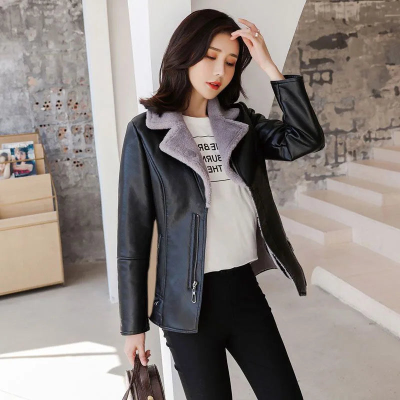 2022 New Winter PU Leather Jacket Women Short Blazers Coat Fleece Double-faced Fur Leather Outerwear Lady Slim Suit Tops Jackets - Matrix Studios