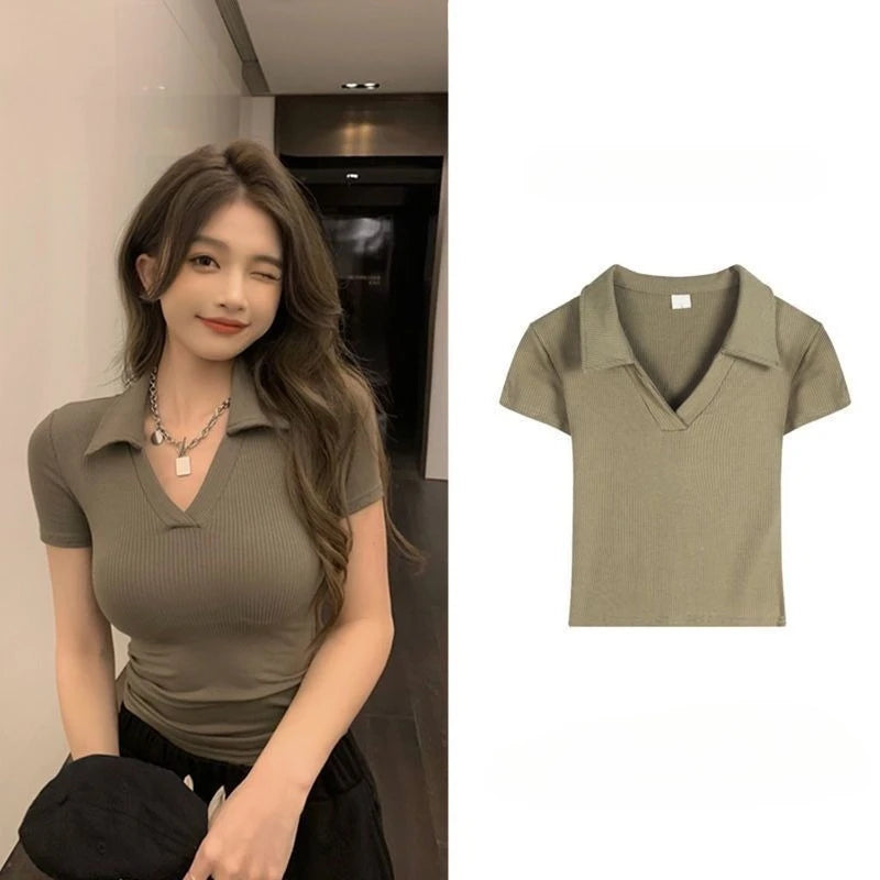 Polo Golf Shirt V-Neck Short Sleeve T-Shirt Women's Summer Harajuku Design Y2K Slim-Fit Base Layer Cropped Top Straight Shoulder - Matrix-studios.com