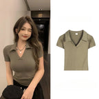 Polo Golf Shirt V-Neck Short Sleeve T-Shirt Women's Summer Harajuku Design Y2K Slim-Fit Base Layer Cropped Top Straight Shoulder - Matrix-studios.com