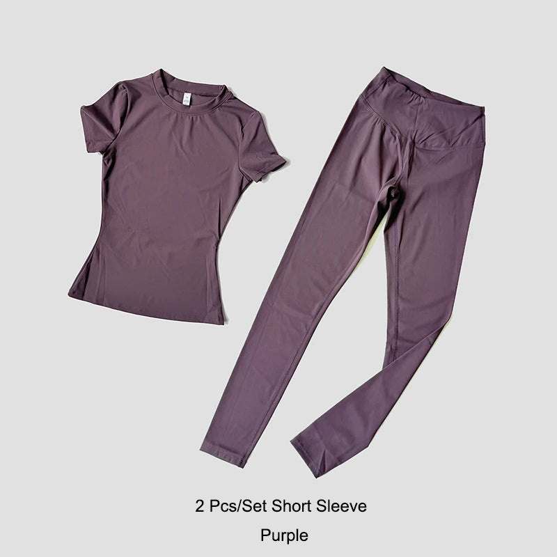 Quick-Drying Gym Leggings Set Sport Suit Short Sleeve Breathable Stretchy Slim Fitness Active Top Tight Gym Set - Matrix-studios.com