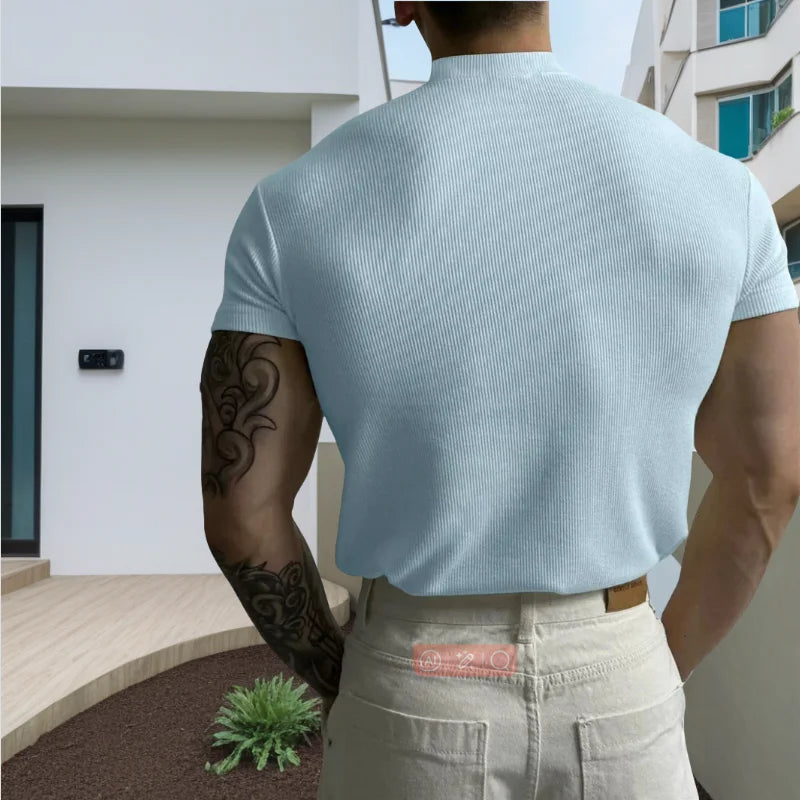spring summer Elastic Comfortable Men's T-shirt Small high collar stripe shirt short sleeve fitness tops sports casual T-shirt - Matrix Studios