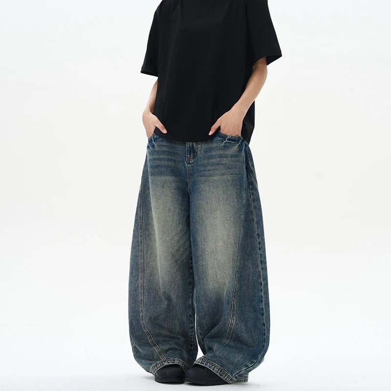 2025 Spring New Men's Jeans Oversized Wide Leg Pants Loose Vintage Patchwork Lightning Cracked Denim Trousers Streetwear Male - Matrix Studios