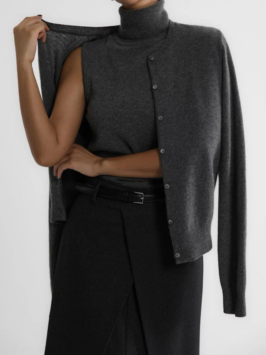 Bornladies Women's New Turtleneck Sleeveless Tank Top Cardigan Sweater Set Soft Knit Button Up Autumn Fashion Sweaters Set - Matrix Studios