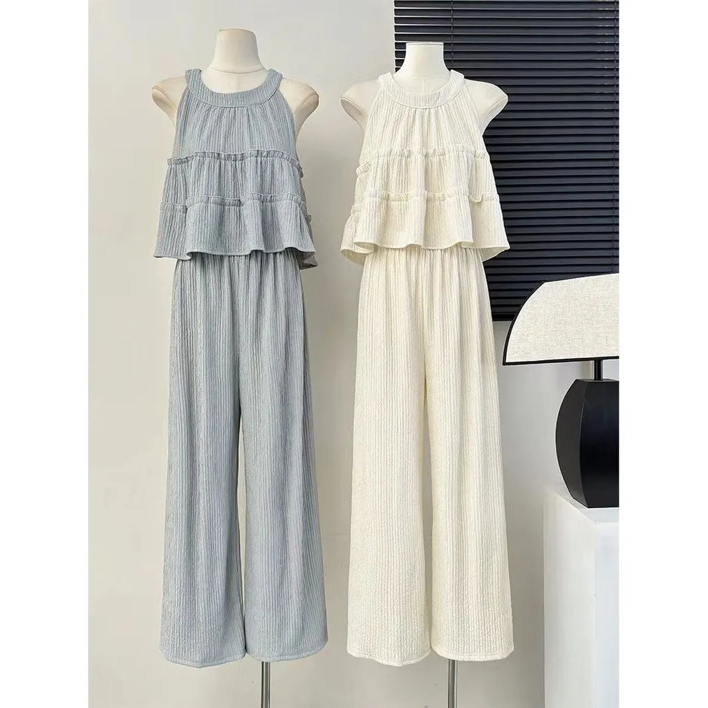 Faionable round Ne Svel Top High Waist Straight Leg Pants Women's Summer New Sle Korean Version Two-Piece Set - Matrix-studios.com