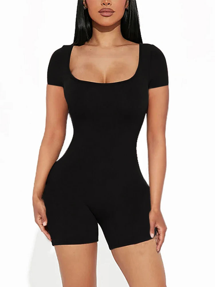 2025 Summer New Women's Sexy Solid Color Short Sleeve U Neck Jumpsuit Short Jumpsuit Yoga Fitness One Piece Polyester - Matrix Studios