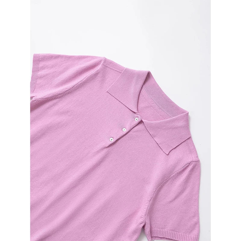 YENKYE New 2025 Women Basic Jersey Polo Collar T Shirt Short Sleeve Front Button Rib Trim Tees Spring Summer Crop Top - Matrix-studios.com
