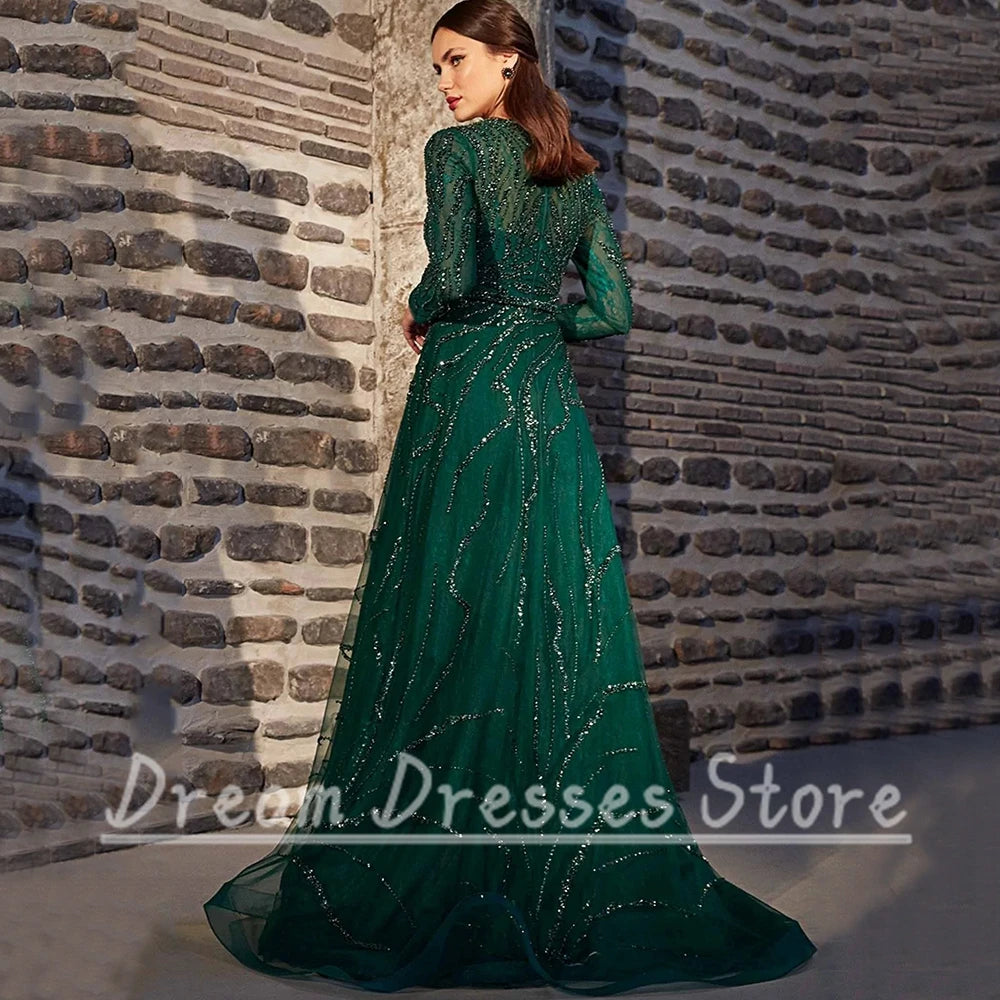 Exquisite O-Neck Long Sleeve Evening Dress Women Party A-Line Floor Length Shiny Beading with Belt High Quality Customized Gowns - Matrix Studios