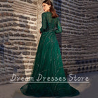 Exquisite O-Neck Long Sleeve Evening Dress Women Party A-Line Floor Length Shiny Beading with Belt High Quality Customized Gowns - Matrix Studios