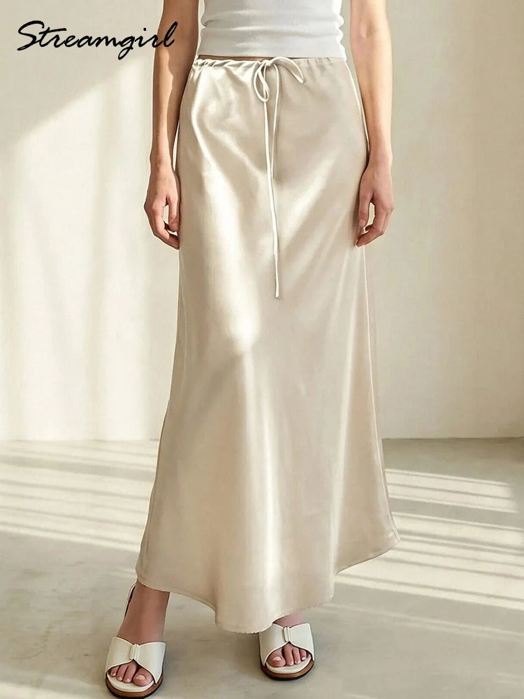 Brown Long Satin Skirts Women Luxury Maxi Autumn Summer High Waist Silk Black Skirt Long Straight Shining Beige Satin Skirt Maxi - Matrix-studios.com
