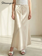 Brown Long Satin Skirts Women Luxury Maxi Autumn Summer High Waist Silk Black Skirt Long Straight Shining Beige Satin Skirt Maxi - Matrix-studios.com