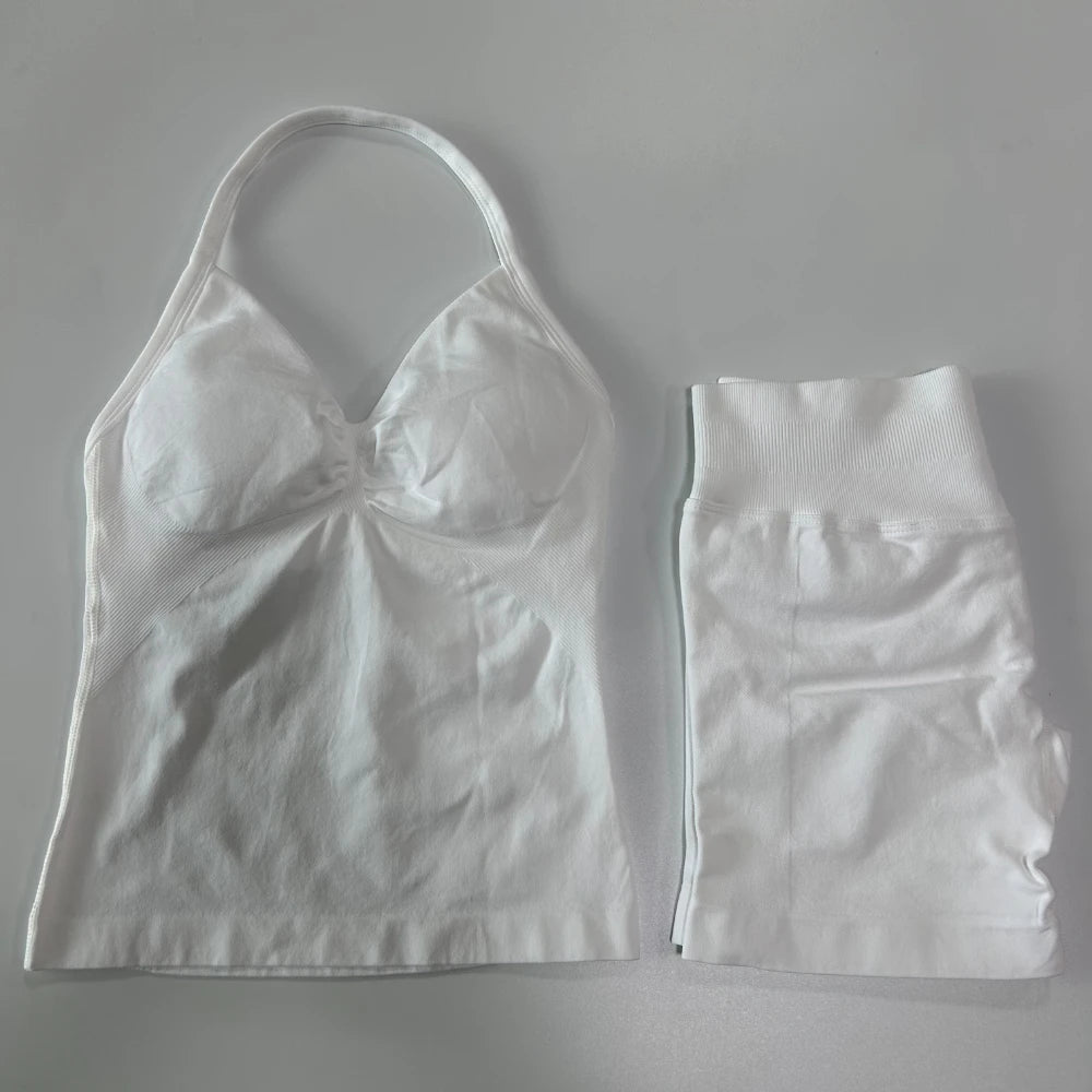No Logo 2Pcs Gym Set Women Backless Tank Tops High Waist Scrunch Seamless Shorts Gym Suit Fitness Clothes Activewear Workout Set - Matrix-studios.com