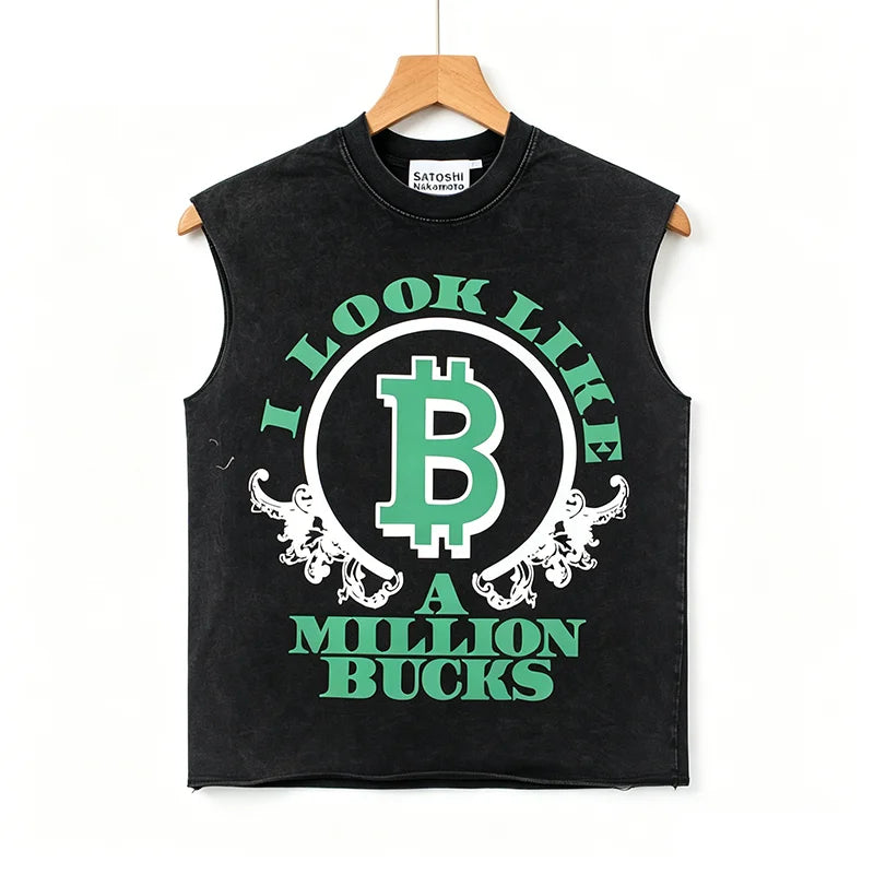 Men Oversized Satoshi Tank Top Vintage Washed Print Sleeveless Vest 26ss streetwear Y2K best quality cotton Unisex t shirt - Matrix-studios.com