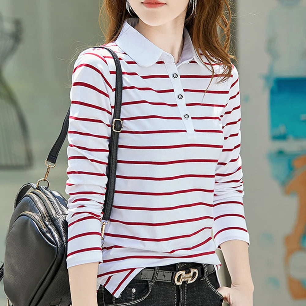 Flip collar striped t-shirt for women's spring and autumn new fashionable long sleeved polo shirt for women's pure cotton shirt - Matrix-studios.com