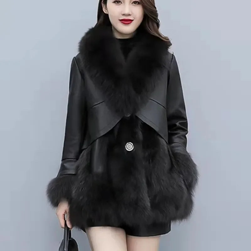 Chic Leather Jacket Women's Overcoat 2024 Autumn Winter New Faux Fox Fur Mid-Length PU Leather Stitching Thick Warm Coat Outwear - Matrix Studios