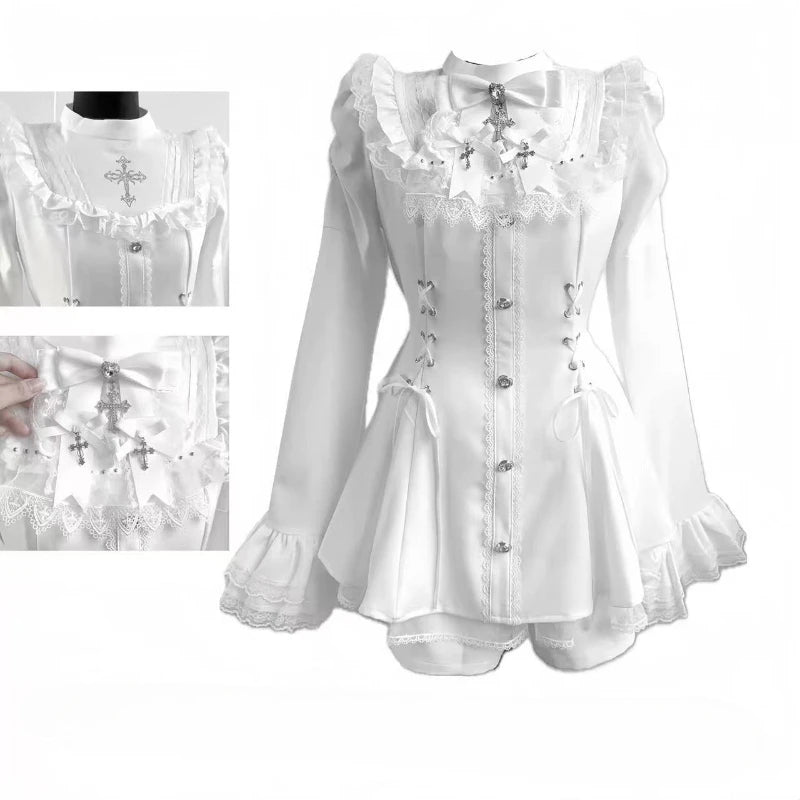Japanese Y2 Aesthetics Vintage Bow Dress Shorts Set Women Gothic Lolita Style Long Sleeve Shirt Dress Elegant Party Dress Suits - Matrix-studios.com