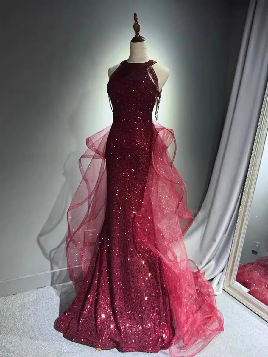 Elegant Sparking Navy Blue Evening Dresses Halt Beading Party Gown Customized Prom Dress 2025 Tiered robes de soirée Sweep Train - Matrix Studios