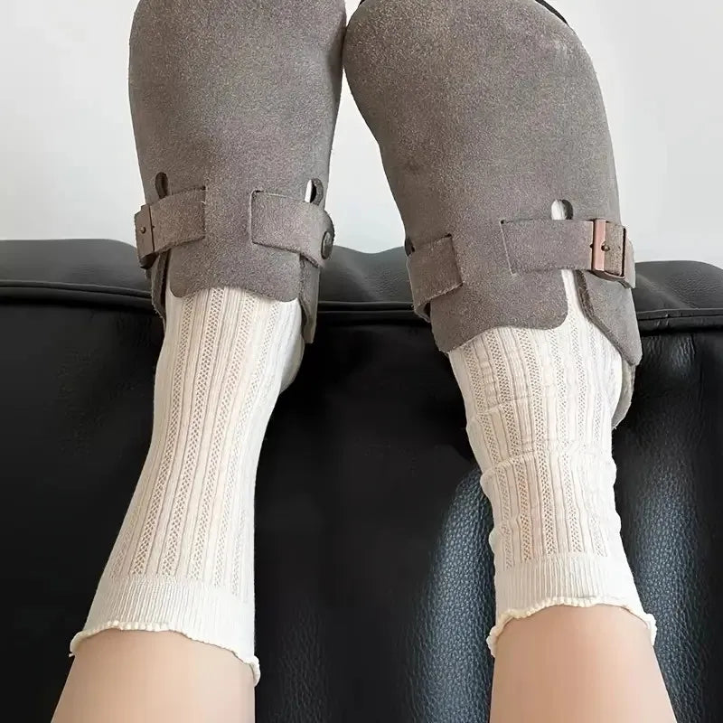 5/10 Pairs Women Solid Color Mesh Mid Tube Socks Summer Lightweight Breathable Fashionable Wavy Edge Ballet Style Casual Socks - Matrix Studios