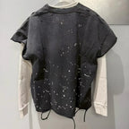 Heavy-duty Destruction Washed Black Irregular Ink Splashing SATOSHI Sleeveless T-shirt Men Women Stacked Vest Hiphop Streetwear - Matrix-studios.com