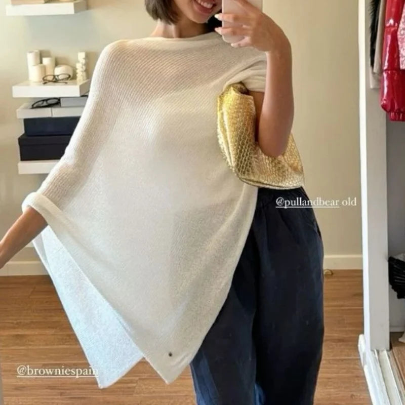 Summer Women Knitted Sheer Poncho Tops Women Knit Cover-up See-through Solid Irregular Loose Pullover Beach Tops 2026 - Matrix Studios
