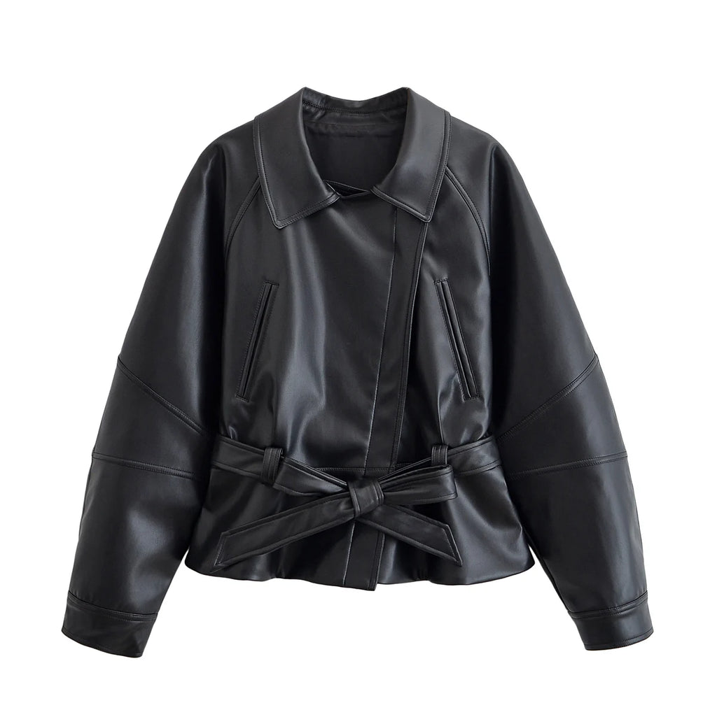 HH Women Fashion Black Short Faux Leather Trench Coat Long Sleeve Lapel Jacket With Belt Vintage Lady Motorcycle Jacket Outwear - Matrix Studios