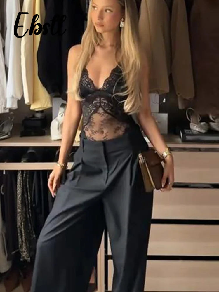 Sexy Lace Halter Jumpsuits Women's Slim Fit V-neck Lace-up Backless Sleeveless Rompers 2026 Summer Ladies New Solid Playsuits - Matrix Studios