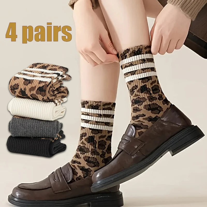4 Pairs Women's Striped Socks Soft Comfortable Casual Sports Sock Leopard Print  Breathable Fashion Middle Tube Sox High Quality - Matrix Studios