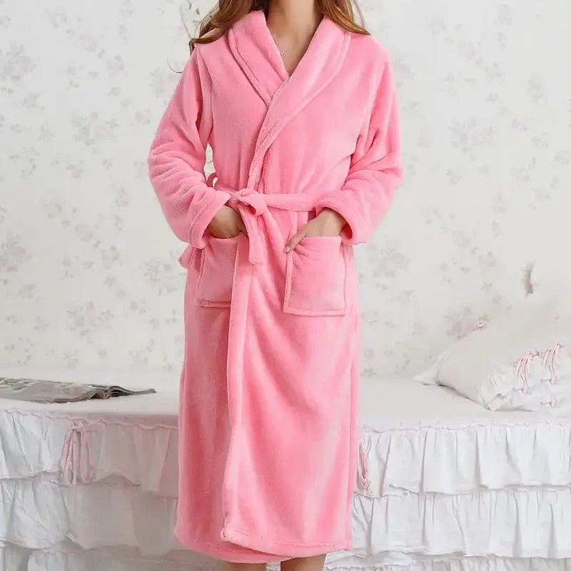 Coral Fleece Long Robe Kimono Gown Winter Warm Flannel Nightdress Bathrobe Casual Sleepwear Intimate Lingerie Thicken Homewear - Matrix-studios.com