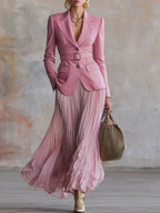 Women Two Piece Outfit Notched Lapel Long Sleeve Blazer With Matching Belt High Waist Pleated Maxi Skirt Formal Elegant Business Party Daily‑Wear Suit For Ladies