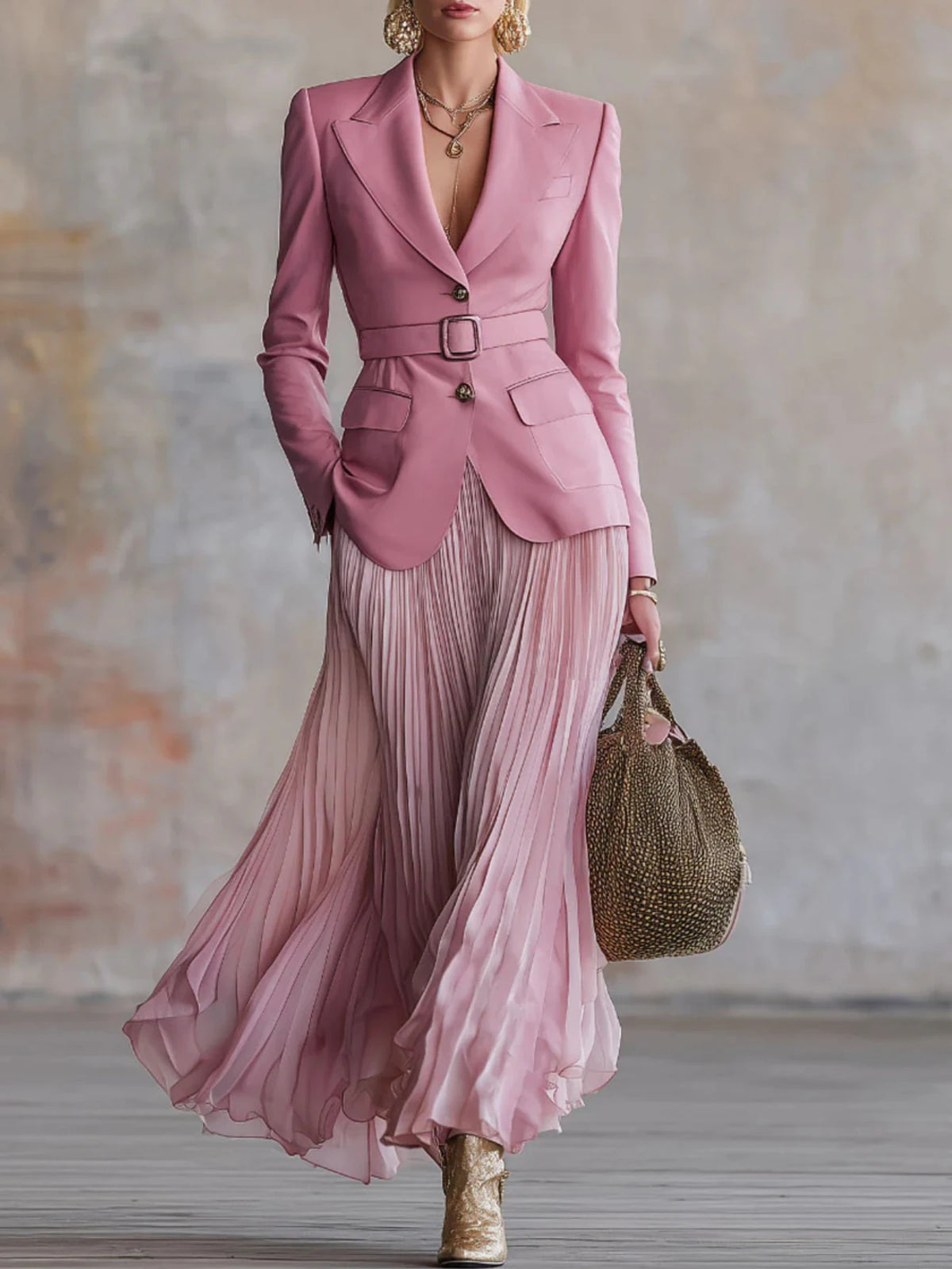 Women Two Piece Outfit Notched Lapel Long Sleeve Blazer With Matching Belt High Waist Pleated Maxi Skirt Formal Elegant Business Party Daily‑Wear Suit For Ladies